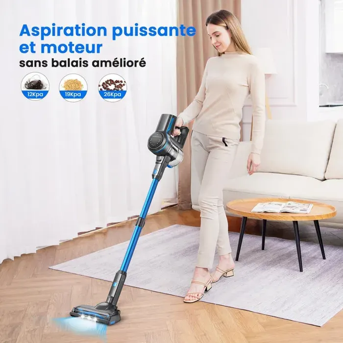 NuvlaGu - Aspirateur portatif sans fil bleu - avec écran LED et brosse douce - 26 kPa - Transformations multiples