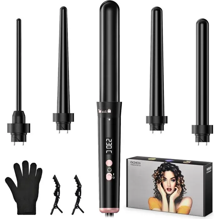 OHFAMO Fer à Boucler 5 en 1 Boucleur Céramique Ionique 5 Embouts 9 à 32 mm Température Réglable 180-230 °C