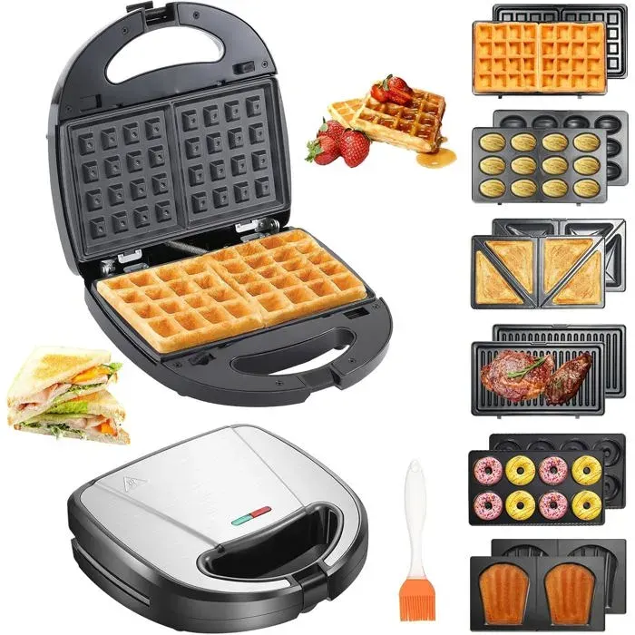OKYUK Gaufrier Gauffrier multifonctions 750W avec 6 plaques de gril antiadhesives amovibles gauffrier repondant a differents besoi