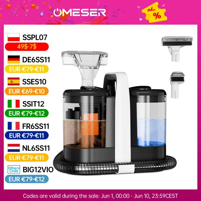 OMESER W07 Nettoyeur de Tapis Portable 15KPa 600W Réservoirs 1.5L/0.8L Idéal pour Tapis et Canapé