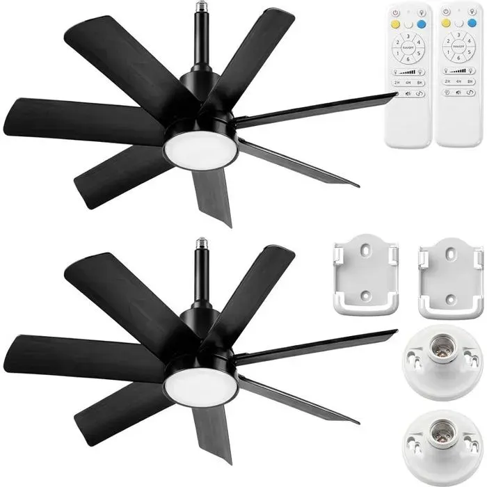 Pack 2 Ventilateurs Ampoule E26/E27 LED 71 cm Éclairage Dimmable et Télécommande — coloris Blanc