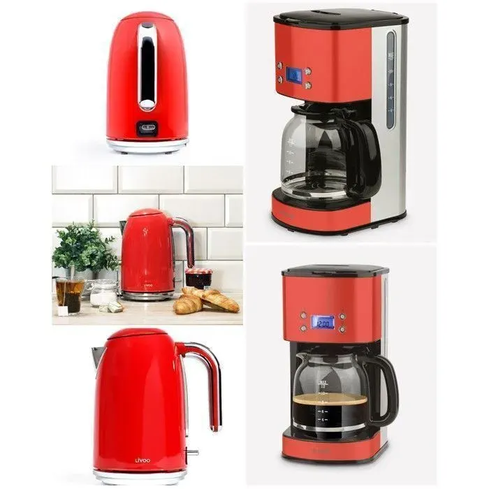 Pack Bouilloire 1L7 2200W Inox Rouge + Cafetière INOX Programmable 1l5 Rouge 1000W