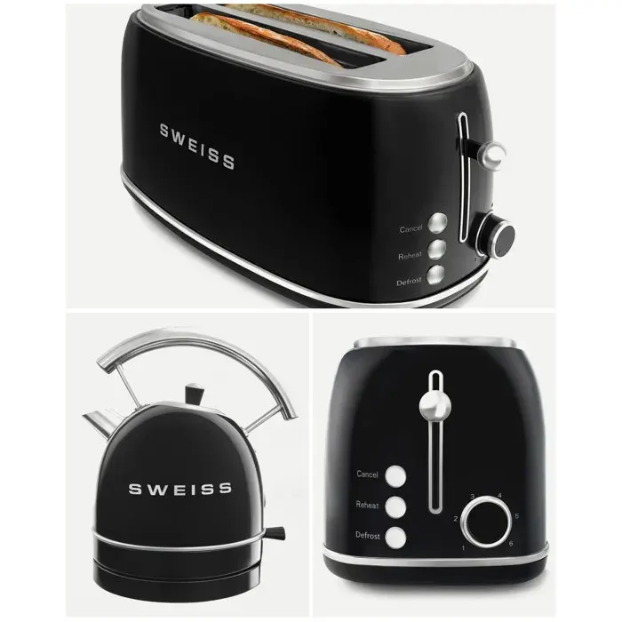 Pack bouilloire sans fil et grille‑pain - HKOENIG - Style SMEG - Noir - Bouilloire 18 L 2200 W - Grille‑pain 2 fentes 1500 W