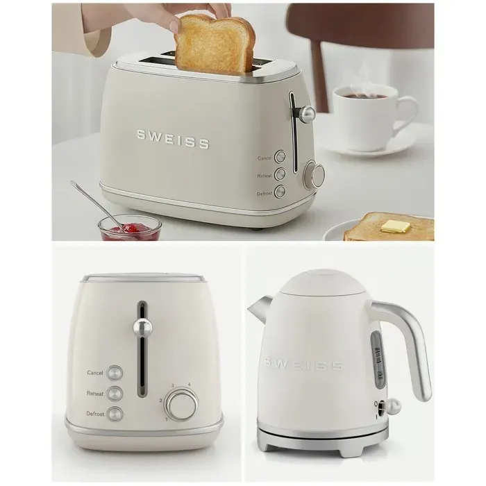 Pack bouilloire sans fil + grille-pain - HKOENIG - Style Smeg - Bouilloire 1L 1000W - Grille‑pain 2 fentes 850W - Beige