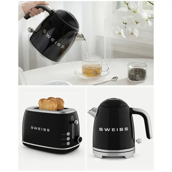 Pack bouilloire sans fil + grille-pain - HKOENIG - Style SMEG - Noir - Bouilloire 1L 1000W - Grille-pain 2 fentes 850W