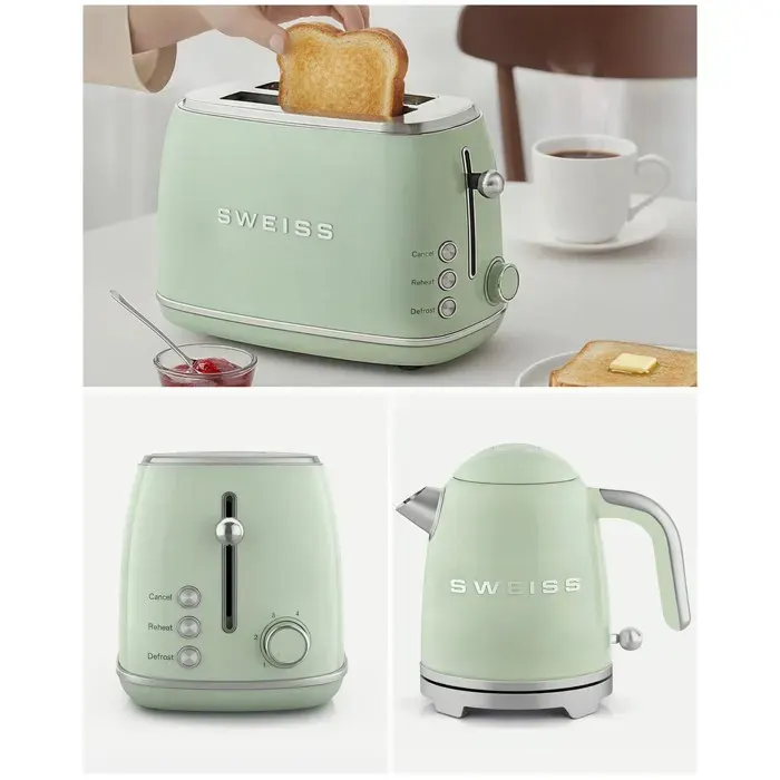 Pack bouilloire sans fil + grille‑pain rétro - HKOENIG - Style SMEG - Bouilloire 1 L - Grille‑pain 2 fentes - Vert pastel