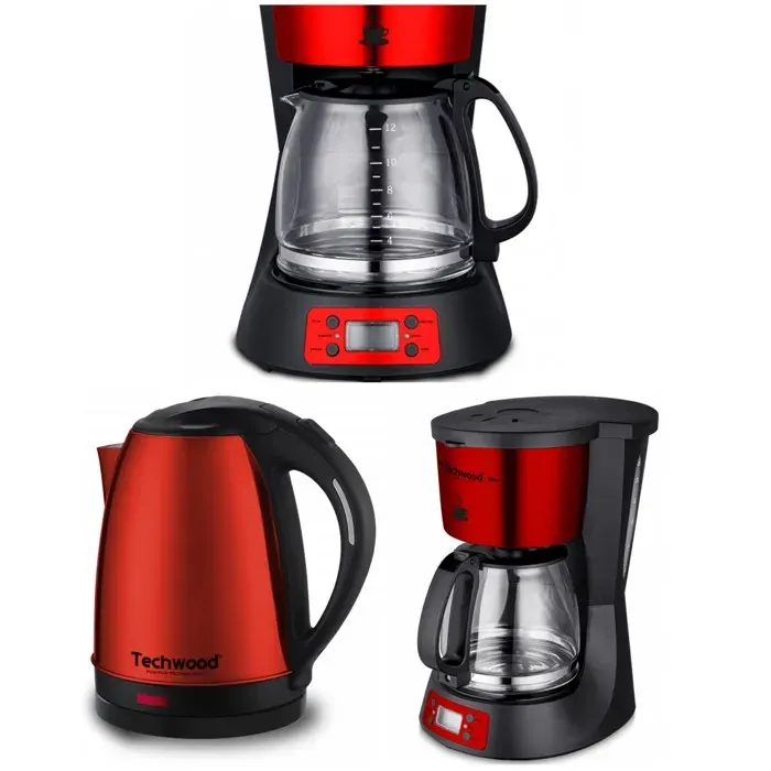 Pack Cafetière INOX Programmable 15L Rouge + Bouilloire Rétro 18L Inox Rouge avec Thermomètre