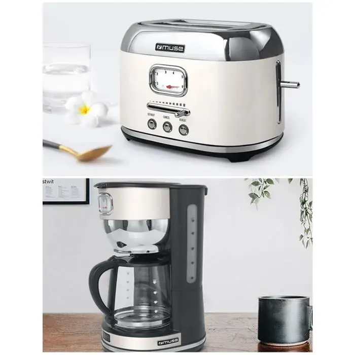 PACK CAFETIERE RETRO VINTAGE SANS FIL 1000W BEIGE INOX + GRILLE-PAIN BEIGE INOX 1800W 2 FENTES