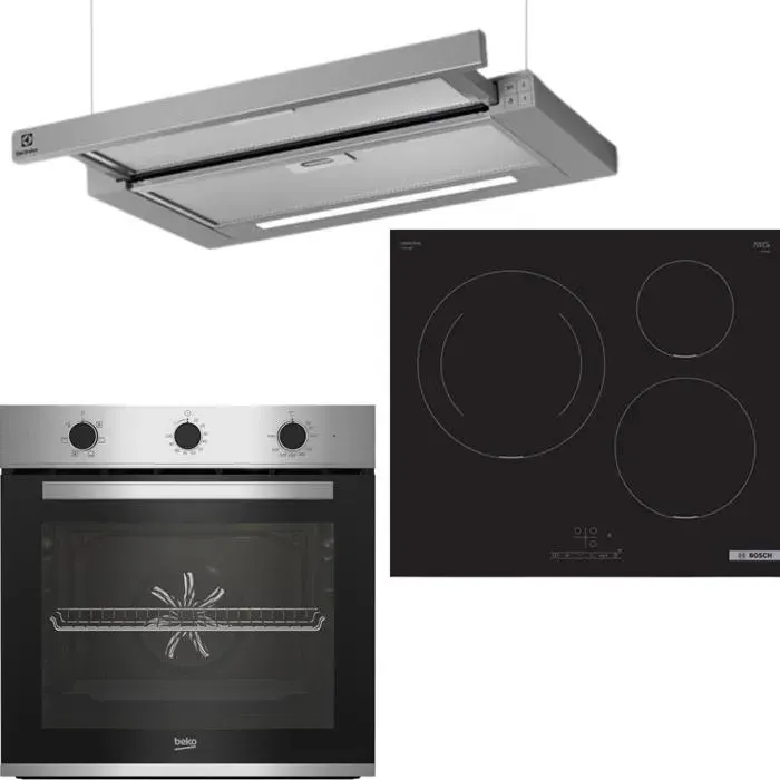 PACK CUISSON four BEKO + plaque induction 3 foyers BOSH + Hotte téléscopique ELECTROLUX