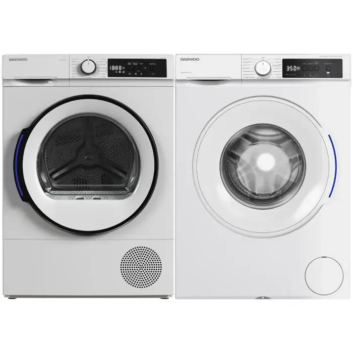PACK DAEWOO Lave-linge Hublot 8kg 1400trs/min + Sèche-linge Pompe à Chaleur 8kg