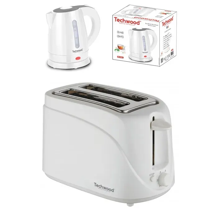 PACK DEJEUNER Bouilloire électrique Blanche 1L 1600W + Grille-pain Blanc 2 Fentes 750W 7 niveaux de température