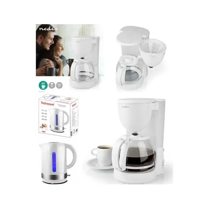 PACK DEJEUNER Bouilloire électrique Blanche 1L7 2200W + Cafetière Machine à café Electrique Blanche 1.25L 750W
