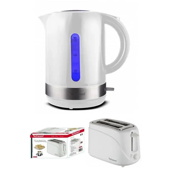 PACK DEJEUNER Bouilloire électrique Blanche 1L7 2200W LED BLEUE + Grille-pain Blanc 2 Fentes 700W