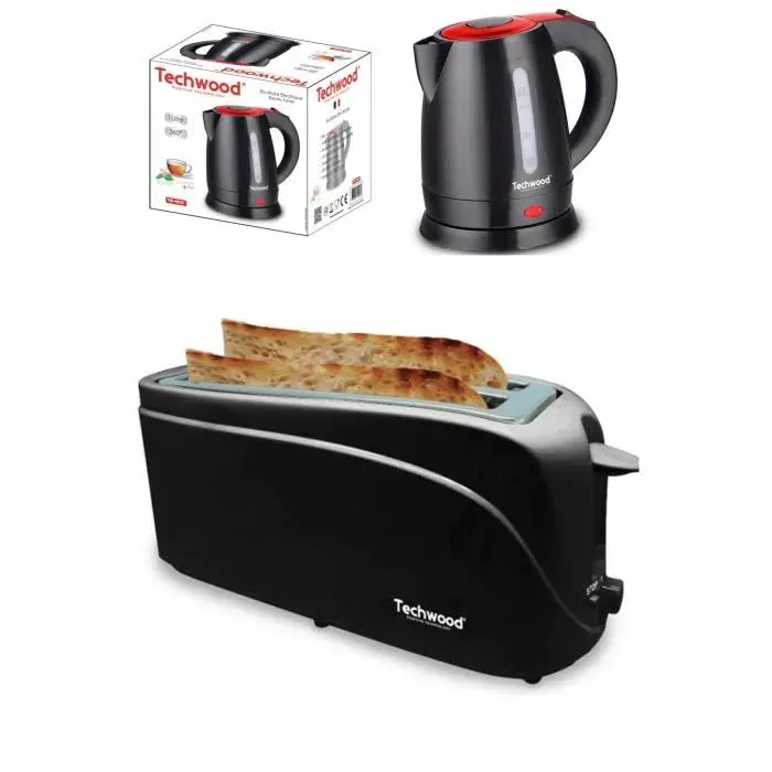 PACK DEJEUNER Bouilloire électrique Noire 1L 1600W + Grille-pain Baguettes Noir 2 Fentes 1300W