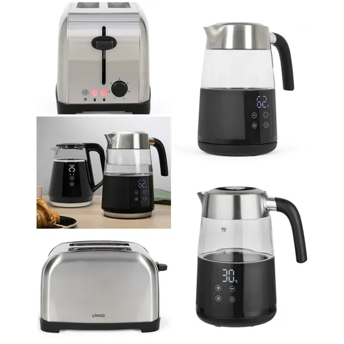 Pack déjeuner Inox - Bouilloire électrique Noire 17L 2200W Leds bleues + Grille-pain Inox 850W Inox - 7 niveaux de température