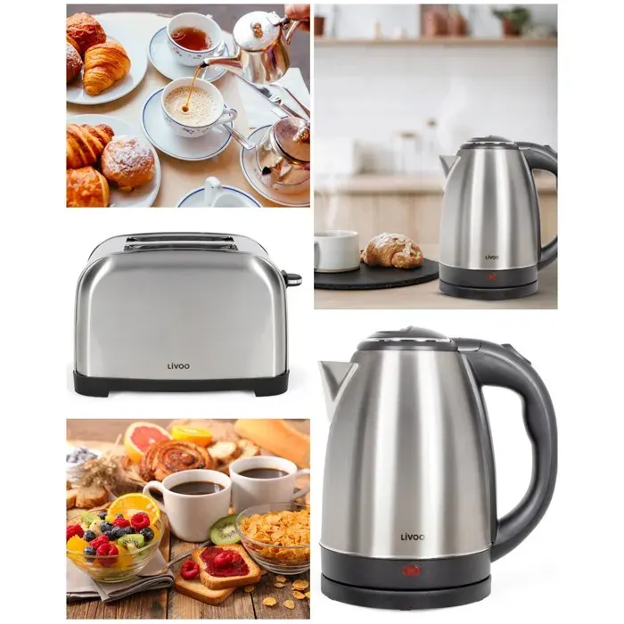 Pack déjeuner INOX - LIVOO - Bouilloire 18L 1500W - Grille-pain 850W - 7 niveaux de température
