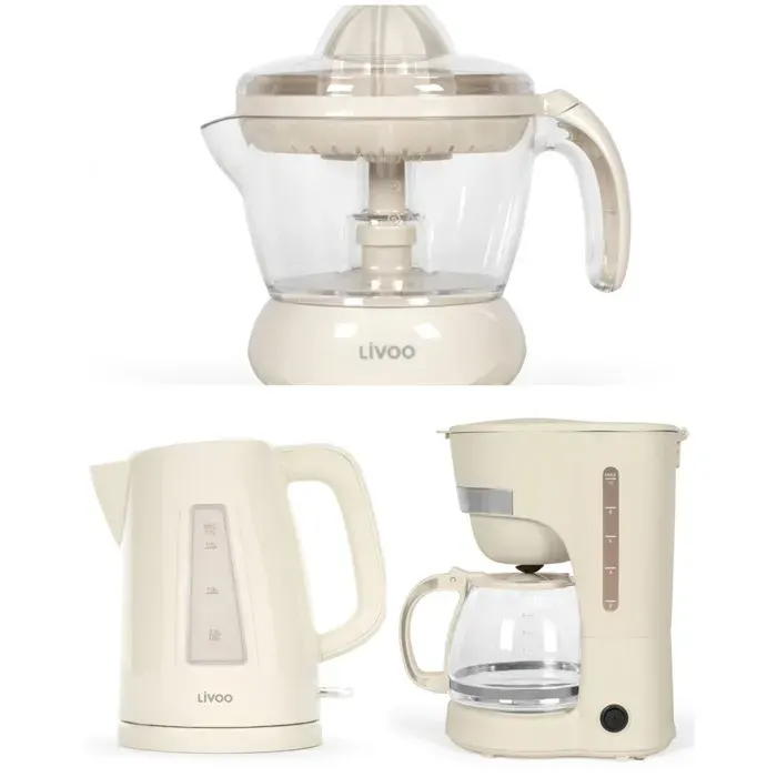 PACK DEJEUNER - LIVOO - Bouilloire Électrique 1.7L 2200W - Presse Fruits 0.7L 25W - Cafetière 1.25L 750W