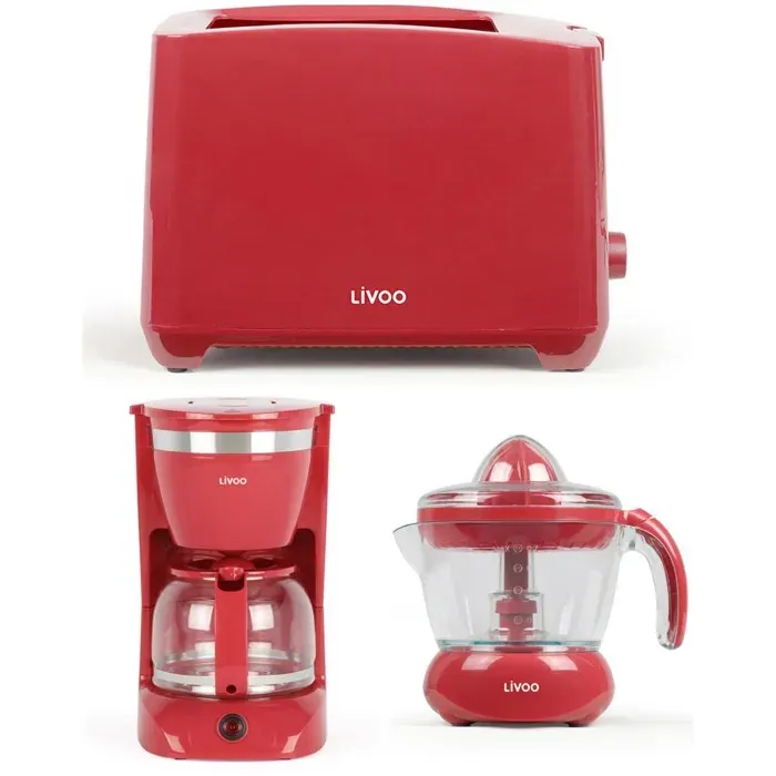 PACK DEJEUNER - LIVOO - Cafetière Électrique Rouge 125L - Grille-Pain 2 Fentes - Presse-Fruit 25W