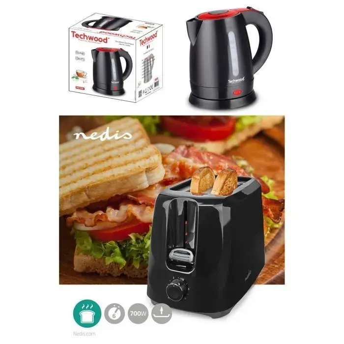 Pack déjeuner - TECHWOOD - Bouilloire électrique Noire 0.8L 1600W + Grille-pain Noir 2 Fentes 700W