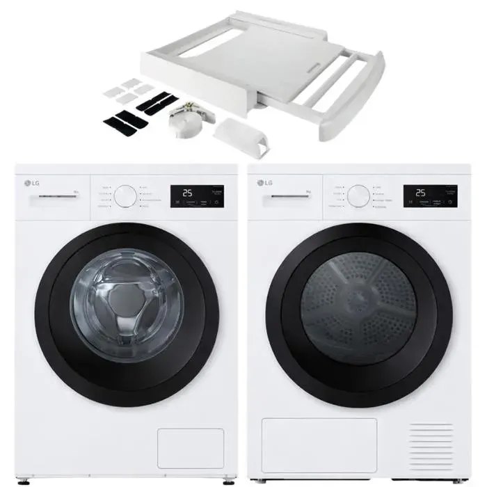 PACK LG Lave-linge 9kg 1400trs/min + Sèche-linge 8kg Pompe à Chaleur + Kit de superposition