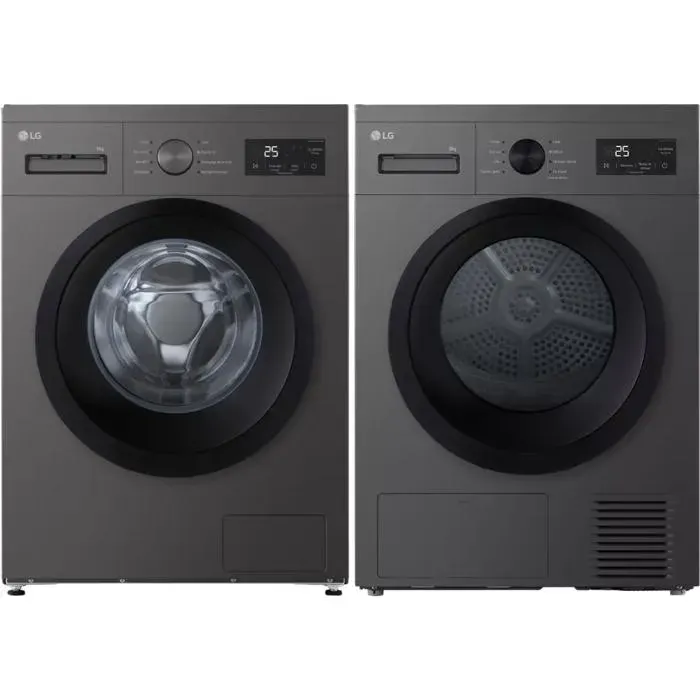 PACK LG Lave-linge hublot 9kg 1400trs/min + Sèche-linge Pompe à chaleur 8kg