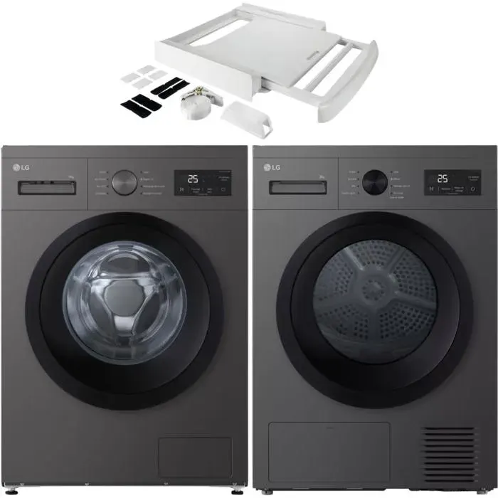 PACK LG Lave-linge hublot 9kg 1400trs/min + Sèche-linge Pompe à chaleur 8kg + Kit de superposition