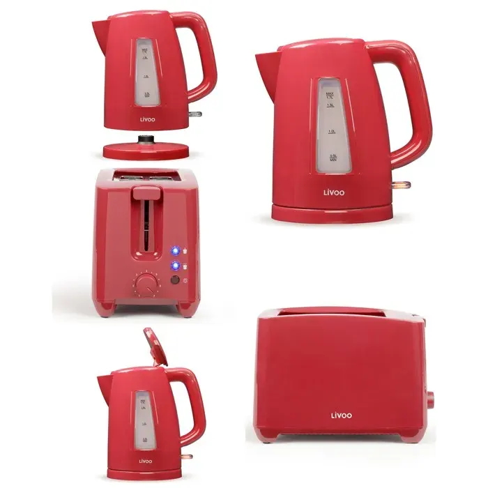 Pack Petit Déjeuner - LIVOO - Bouilloire Électrique 17L - Grille-Pain 2 Fentes - Rouge - 2200W