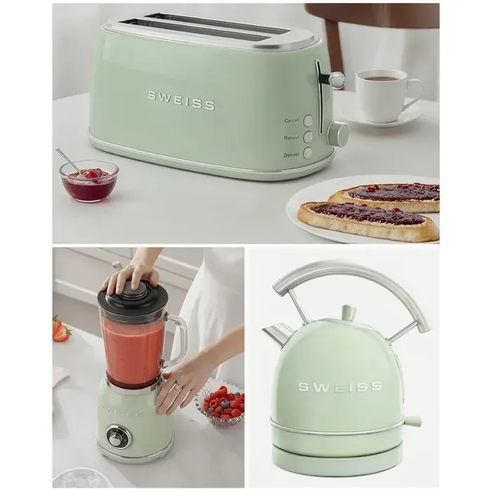 Pack petit électroménager rétro - HKOENIG - Rétro - Bouilloire 2200W 18L - Grille-pain 1500W 4 toasts - Blender 1000W 15L — coloris Verte