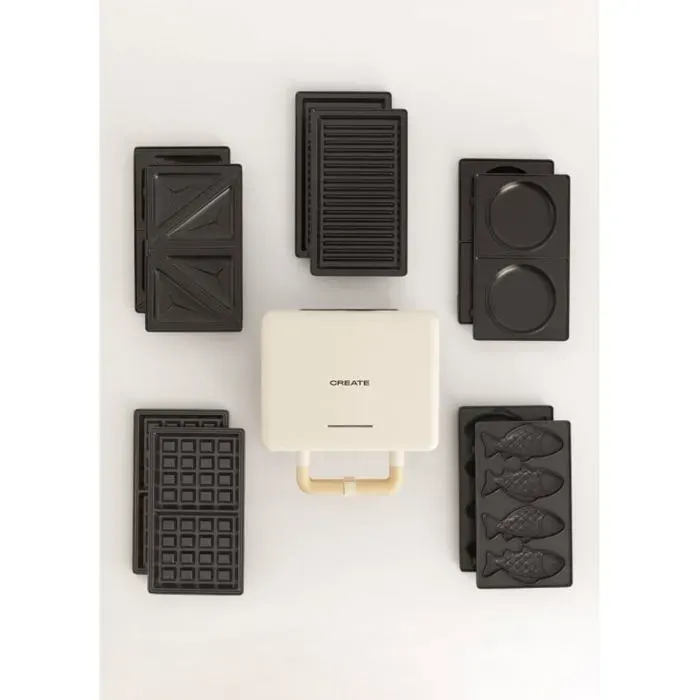 Pack STONE STUDIO Doble - Appareil à sandwichs grill et gaufrier + Plaque Taiyaki + Plaque à pancakes Blanc cassé