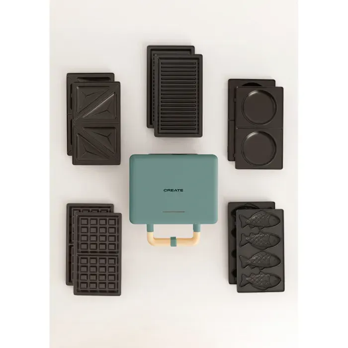 Pack STONE STUDIO Doble - Appareil à sandwichs grill et gaufrier + Plaque Taiyaki + Plaque à pancakes Vert sauge