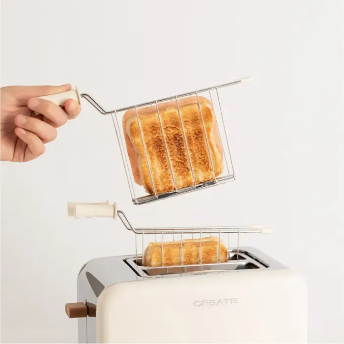 Pack TOAST RETRO Petit grille-pain pour tranches larges + 2 PINCES À GRILLE pour sandwichs Blanc cassé