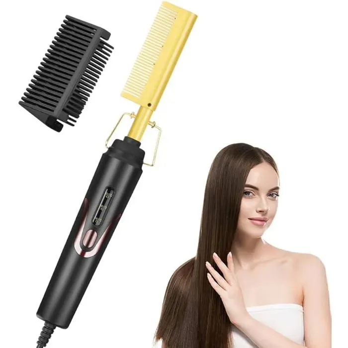 Peigne Chauffant 2 en 1 Brosse Chauffante Perruque Peigne Lisseur en Céramique 160-200℃ Régulation Or（version Améliorée） PEIGNE