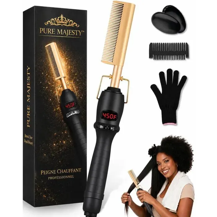 Peigne Chauffant Cheveux-Brosse Lissante Électrique-Lisseur Rapide Cheveux Crépus&Afro-Hot Comb Barbe -Peigne chauffant perruque