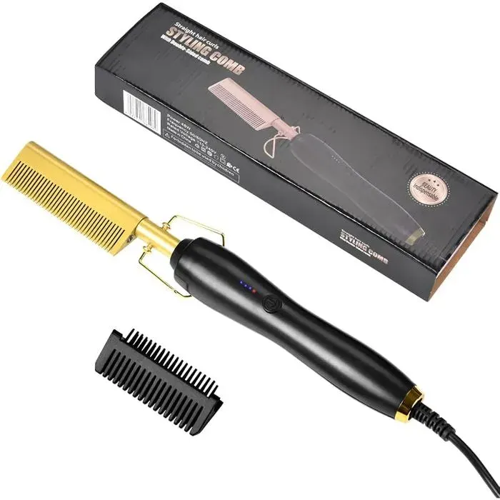 Peigne chauffant électrique 2-en-1 : lisseur et brosse lissante (80 °C - 230 °C) cheveux afro céramique à 3 niveaux de température