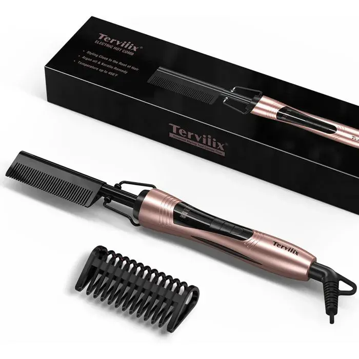 Peigne Chauffant pour Perruques Peigne a Lisser fer a Lisser pour Cheveux Afro et Barbe Temperature Reglable Double Tension