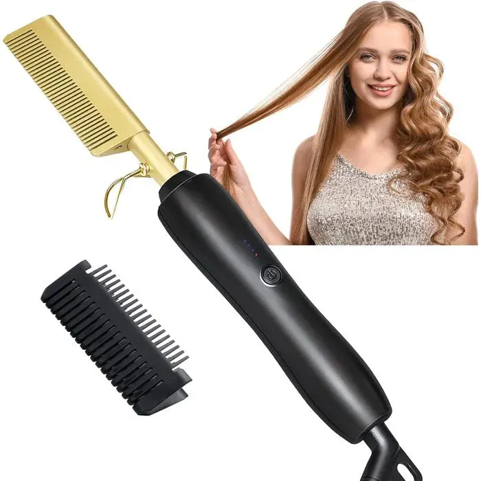 Peigne ChauffantPeigne Chauffant Lissant Afro 3 Réglages de TempératurePortableRapide-ChauffageBrosse Lissante