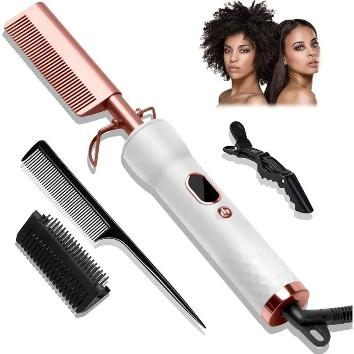 Peigne Cheveux Afro 3 en 1Peigne Chauffant Avec Écran LCDPeigne Electrique 120-230℃Brosse Lissante Cheveux CrepusPeigne Lisseur