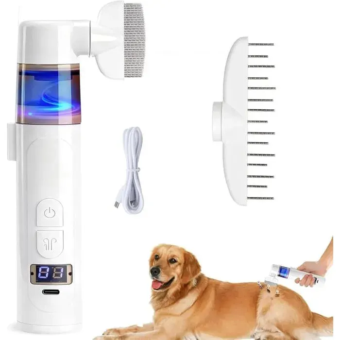 Peigne électrique anti‑poux 2‑en‑1 aspirateur pour chiens chats et humains outil de nettoyage professionnel blanc