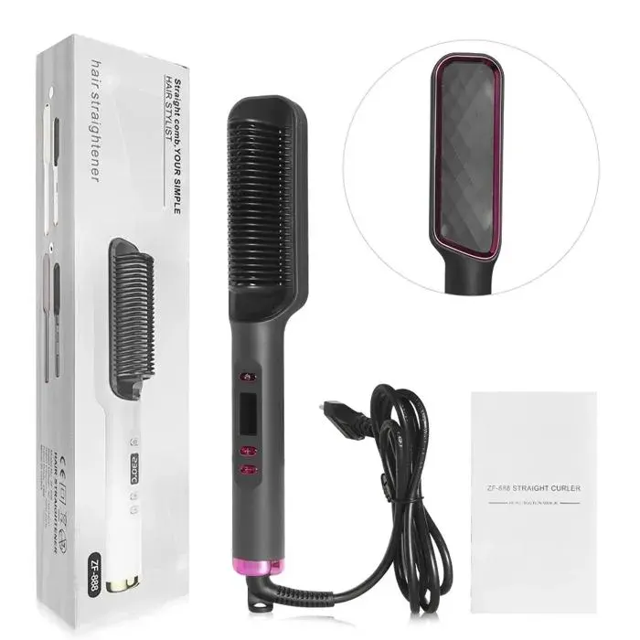 Peigne électrique chaudlisseur de cheveux lissesbrosse à lisserIon négatifoutil de coiffure multifonctionnel Anti-brûlure-Gris