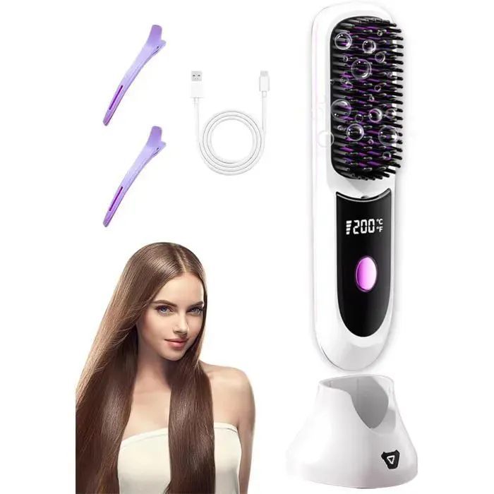 Peigne - Fer à lisser - Fer à lisser sans fil - Peigne sans fil-Avec base dions négatifs - Chauffage rapide- Conception de Femeo