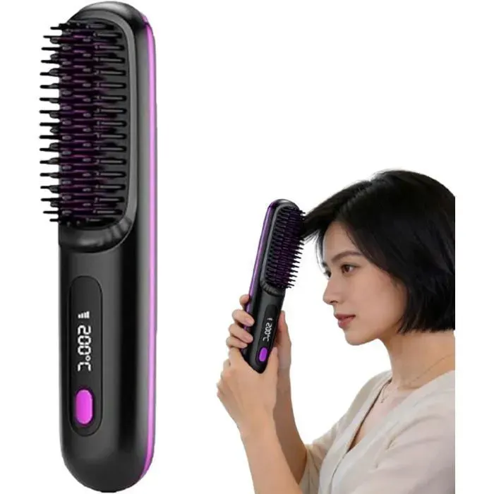 Peigne Lissant Chauffant En Céramique Sans Fil Brosse Coiffante USB Rechargeable 3 Réglages De Chaleur & Écran LED noir LISSEUR