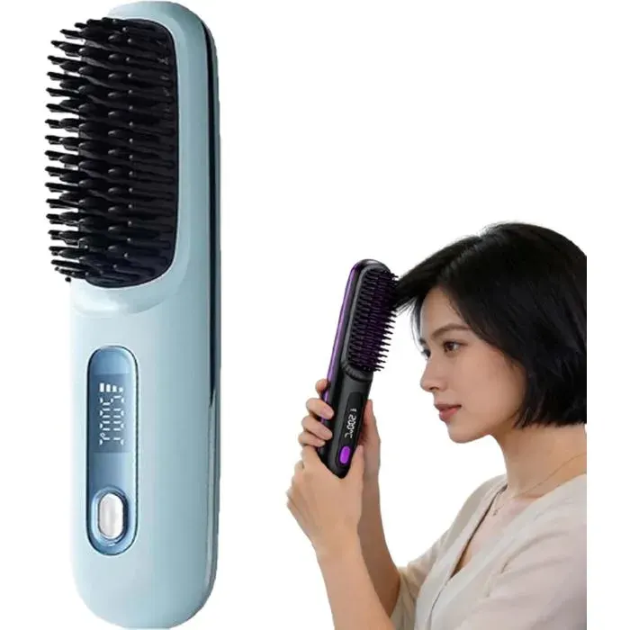 Peigne Lissant Chauffant Sans Fil Céramique USB Rechargeable 3 Réglages & LED pour Cheveux Courts (Blue)