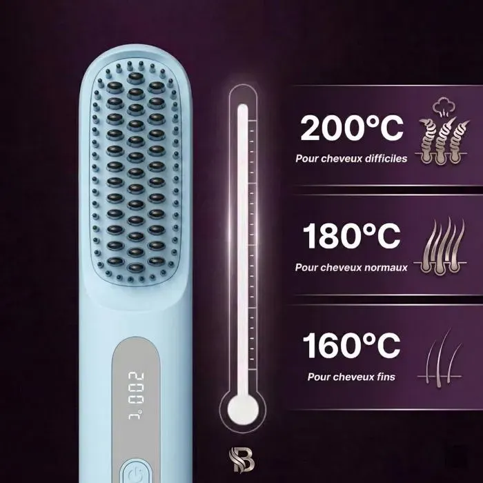 Peigne Lissant Chauffant Sans Fil Céramique USB Rechargeable 3 Réglages & LED pour Cheveux Courts (Blue)