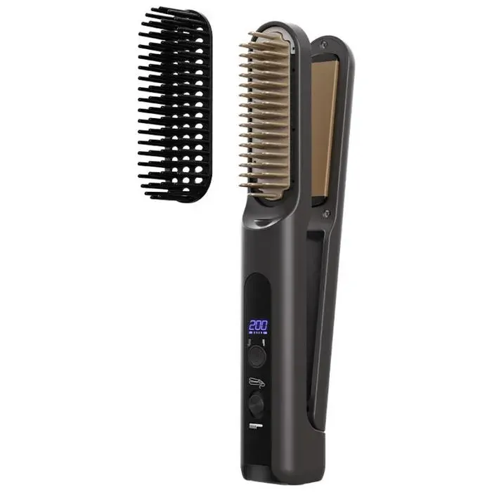 Peigne lissant sans fil 2 en 1 brosse chauffante portable revêtement céramique 4 niveaux de température écran LCD