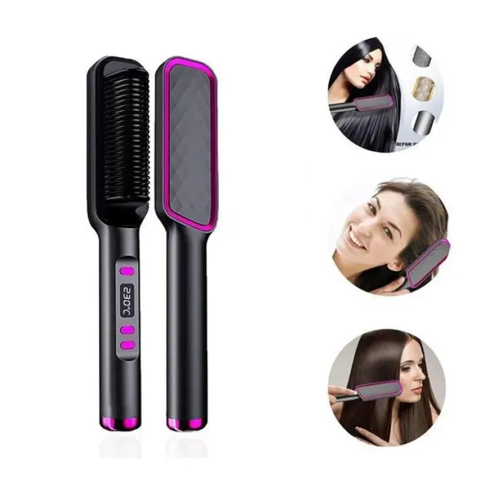 Peigne lisseur/boucleur chauffant pour cheveux — température réglable de 80 à 230 °C convient aux cheveux secs et mouillés.