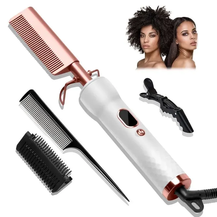 Peigne lisseur chauffant 3 en 1 - écran LCD céramique 12 réglages 120-230℃ pour cheveux afro