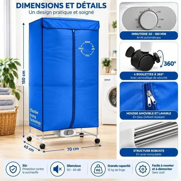 Penderie Chauffante - Séchoir Électrique 1200W - Sèche Linge Soufflant électrique - Minuterie - Anti-bactérien - 15kg