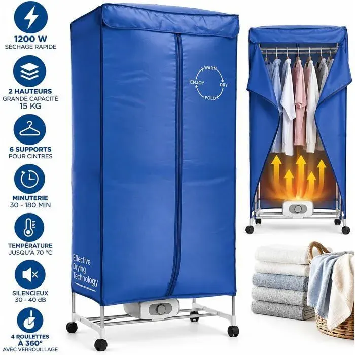 Penderie Chauffante Soufflante ETENDOIR Sechoir Electrique a Air Chaud Minuterie - 1200W Bleu