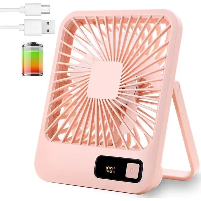 Petit ventilateur de bureau inclinable et pliable pour usage personnel équipé dune batterie de 2000 mAh et dun écran LCD