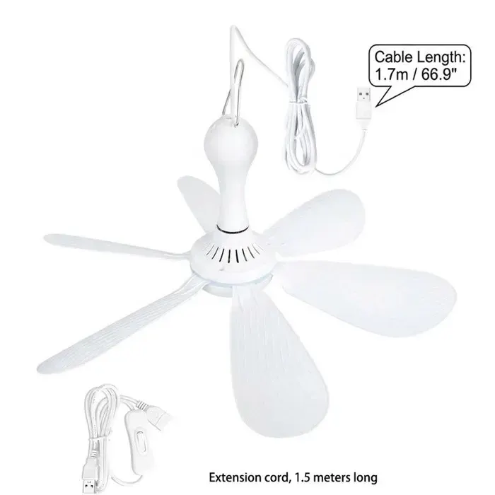Petit ventilateur de plafond alimenté par USB 6 pales silencieuses DC 5 V USB à suspendre pour intérieur ou extérieur
